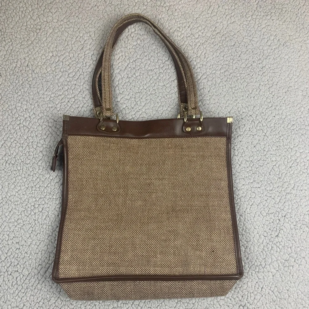 Vintage‎ 70s Tweed Satchel Tote Bag Handbag Striped Business 12x13 Retro Purse
